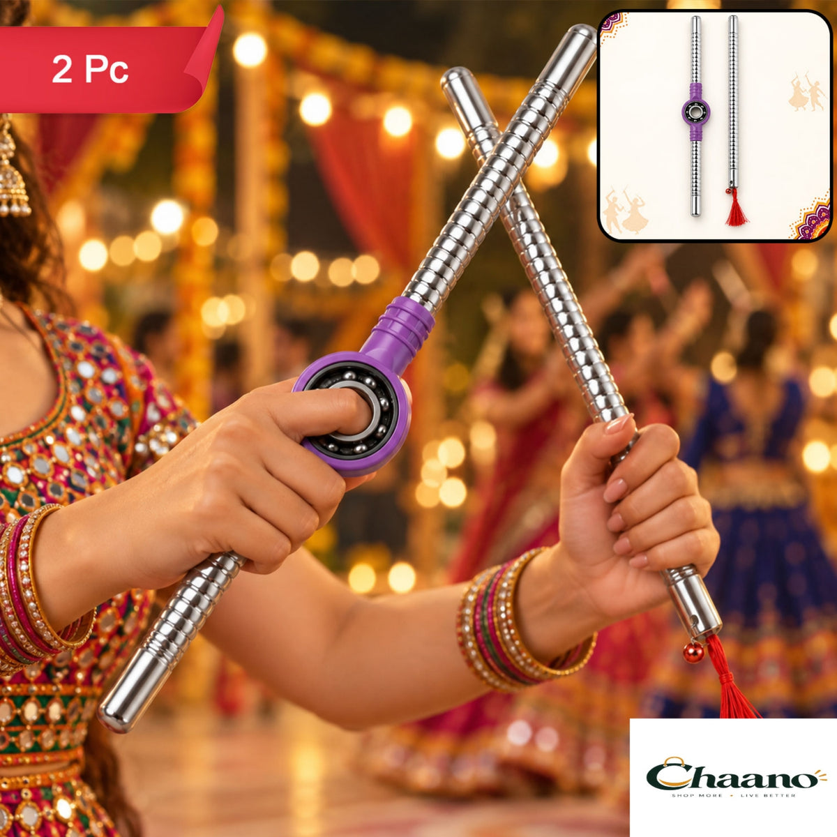 Steel Dandiya Stick Pair With Bearing Center Textured Grip And Tassel